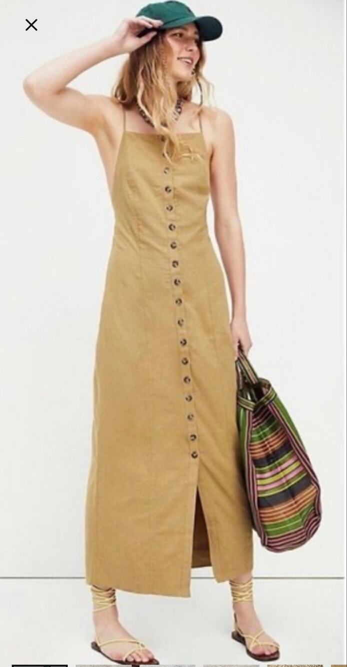 Free People Linen/Cotton Blend Natural Fibers Button-Front Midi Dress, Tan, Sz S